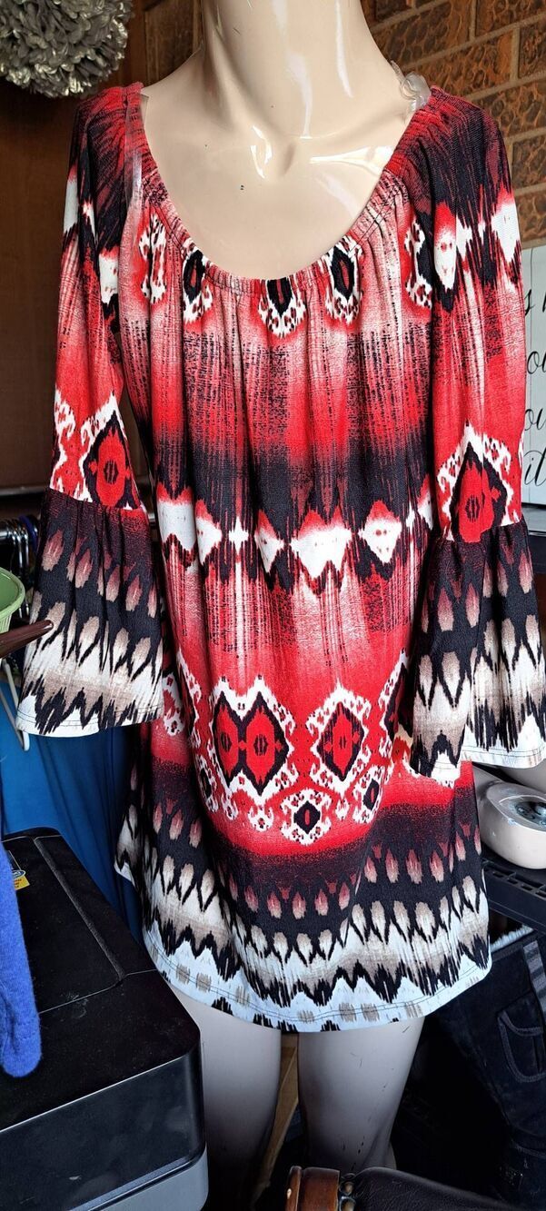 New Womens Small Red & Black Top with Bell 3/4 Sleeves